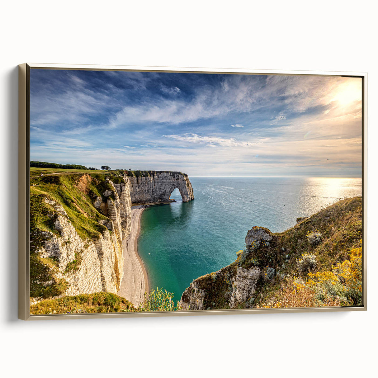 Framed canvas depicting a vintage Normandy landscape in muted earth tones, ideal for bedroom wall art.