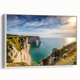 Vintage poster art of a Normandy, France scenery in vibrant colors on extra large framed canvas, ideal for living room decor.
