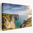 Scenic view of Normandy, France on a large stretched canvas with vivid green and blue hues, suitable for kitchen wall art.