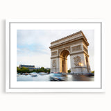Textured art print of abstract Paris scenery in muted gray and blue tones, framed with a white mat.