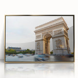 Art deco poster of Paris scenery in gold acrylic frame, muted colors, ideal for modern art wall decor or nursery.