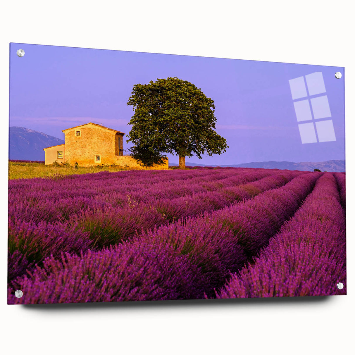 Large abstract wall art of a Provencal landscape in muted earth tones, printed on acrylic glass.