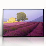 Large abstract wall art depicting a serene Provence landscape in muted earth tones, framed in black acrylic.