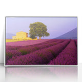 Mid-century modernist art of Provence landscape, acrylic print framed in white, with muted earth tones.