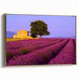 Framed canvas featuring a vintage-style landscape painting of Provence, France, with vibrant green and gold tones.