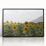 Large abstract wall art depicting a mid-century modernist scene in muted earth tones, framed in black acrylic.