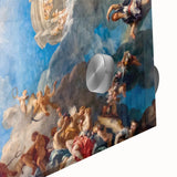 Large abstract depiction of Versailles in muted gold and green tones on acrylic glass, ideal for dining room art.