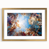 Abstract art print of Versailles with muted gold and cream tones on a framed canvas, suitable for dining room decor.