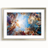 Extra large abstract art print of Versailles scenery in muted earth tones on a textured canvas, framed with a silver mat.
