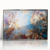 Mid-century modernist acrylic print of the Versailles palace in muted gold and silver tones, ideal for modern art wall decor.