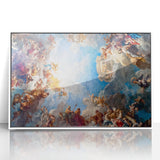 Mid-century modernist art depicting the Versailles Palace in soft pastel shades.