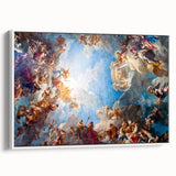 Vintage poster art of Versailles with colorful imagery on a large framed canvas, ideal for living room decor.