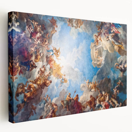 Side view of a stretched canvas depicting the Versailles scenery in muted green and beige tones.