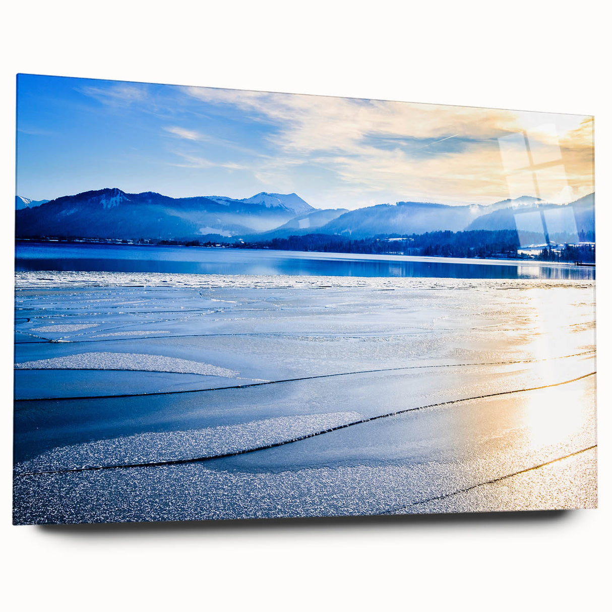 Large abstract wall art of a Bavarian landscape in muted blues and greens on acrylic glass.