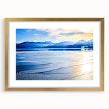 Abstract art print of a Bavarian landscape in muted green and blue tones, framed in gold, ideal for dining room decor.