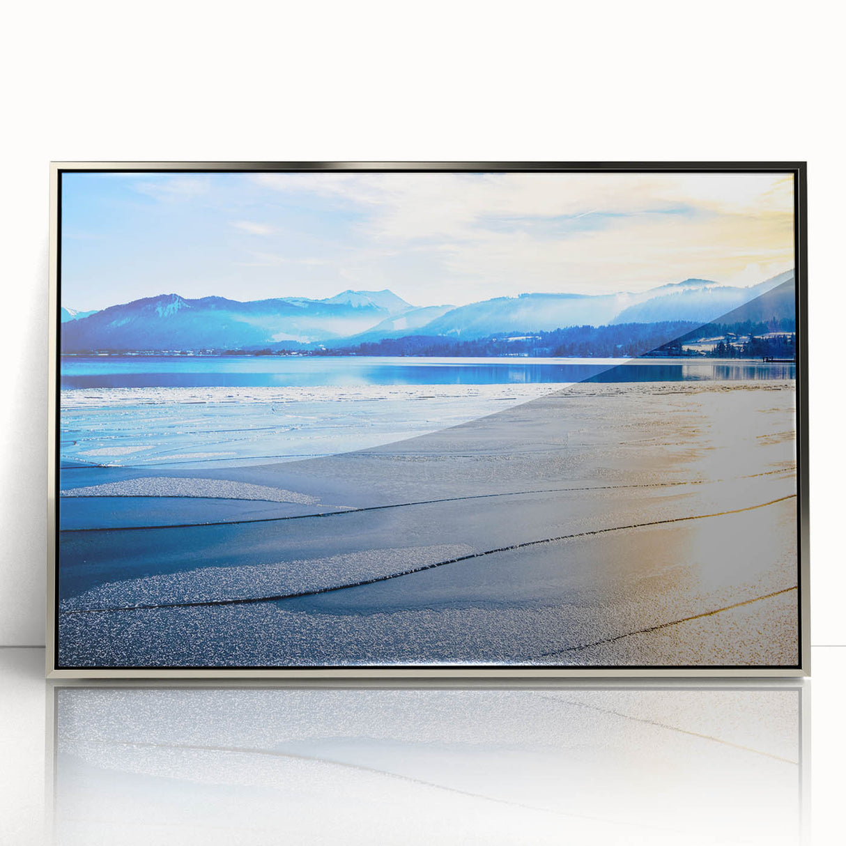Large art print of a Bavarian landscape in muted green and blue tones on a framed acrylic, ideal for modern art wall decor.