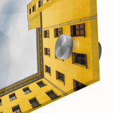 Large abstract wall art of Berlin skyline in muted blue and gray tones on acrylic glass, suitable for dining room decor.