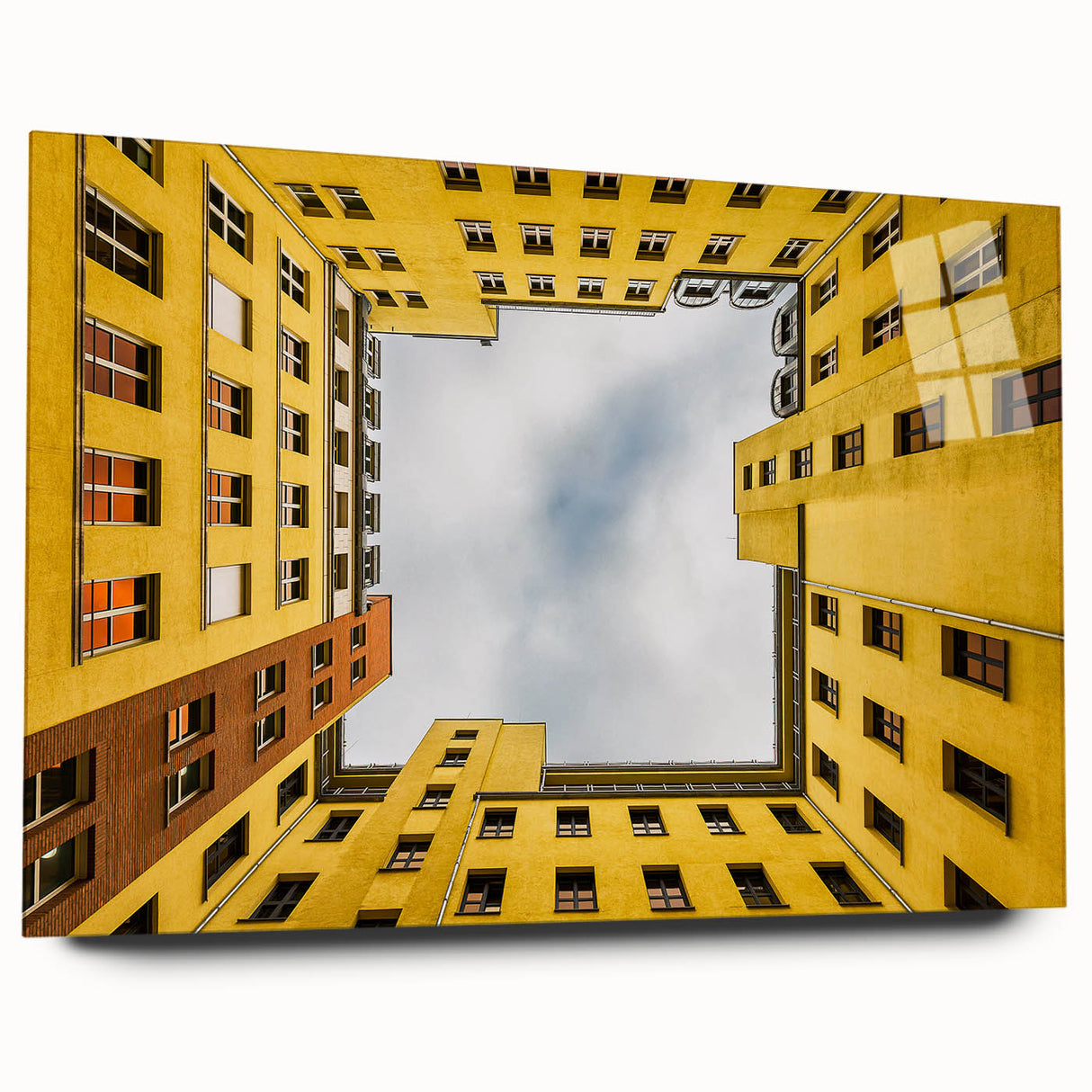 Large abstract depiction of Berlin on acrylic glass, featuring cool gray and blue tones.