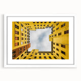 Textured abstract art print of Berlin scenery in muted earth tones on a framed white mat, suited for bedroom art.