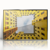 Large art print of Berlin skyline in muted gray and blue tones on a silver-framed acrylic, ideal for modern art wall decor.