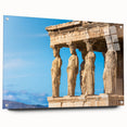 Acrylic print of Athens skyline in muted blue and white tones, ideal for dining room decor.