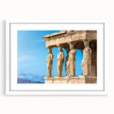 Textured art print of an abstract Athens skyline in muted earth tones on a framed white mat, ideal for bedroom art.