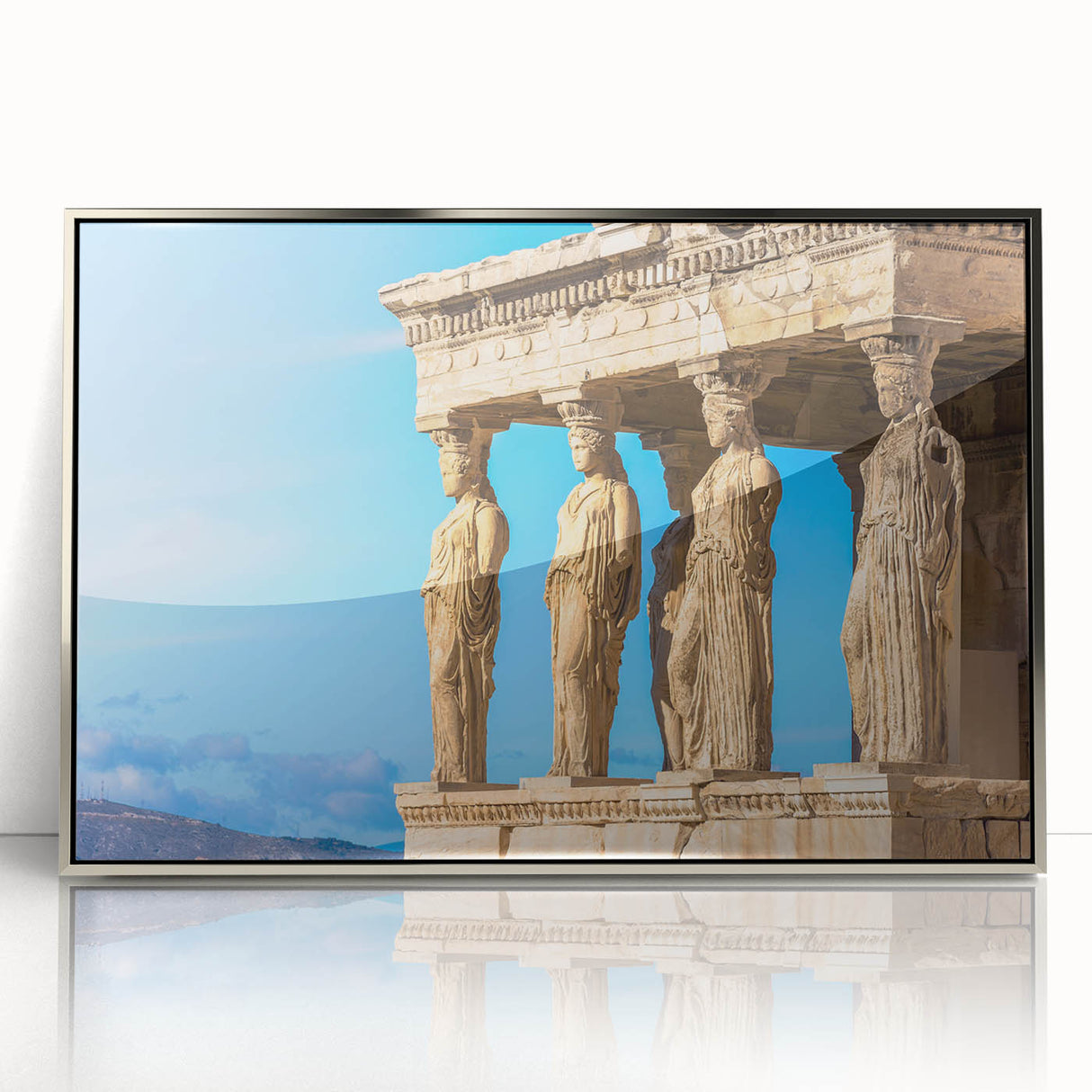 Acrylic print of Athens scenery with silver frame, showcasing mid-century modernist style, ideal for modern art wall decor.