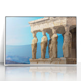 Mid-century modernist art of Athens skyline in muted blue and white tones on framed acrylic.