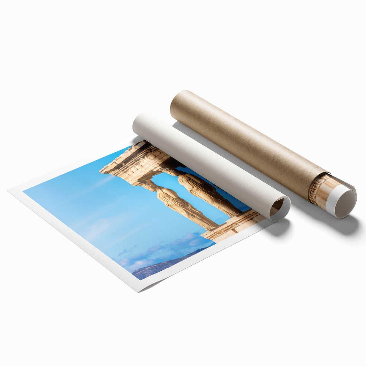 Extra large rolled print depicting a serene Athens scenery with floral accents, in soft pastel shades.