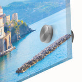 Large abstract wall art of Crete, Greece landscape in pastel shades on acrylic glass, ideal for dining room ambiance.