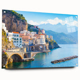 Acrylic print of a large abstract depiction of Crete, Greece in vibrant blue and white tones, ideal for dining room decor.