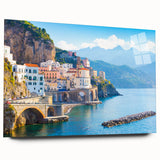 Acrylic print of a serene Crete landscape in muted blue and white tones, suitable for bedroom or dining room decor.