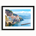 Abstract art print of a colorful European scenery on Crete, in a black frame with mat, ideal for living room decor.