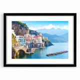 Abstract art print of a colorful European scenery on Crete, in a black frame with mat, ideal for living room decor.