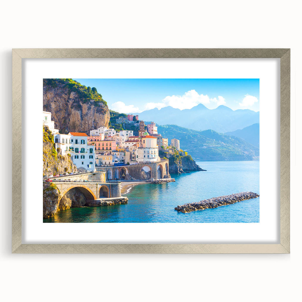 Extra large abstract art print of a textured European scenery, in muted earth tones on a framed canvas.