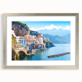 Extra large abstract art print of a textured European scenery, in muted earth tones on a framed canvas.