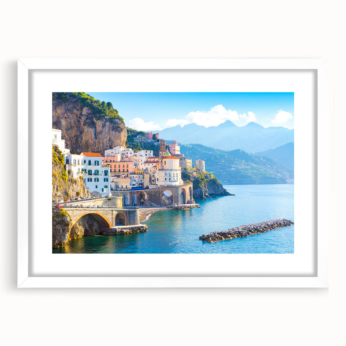 Textured abstract art print of a Crete, Greece landscape in muted earth tones on a framed white mat, ideal for bedroom art.