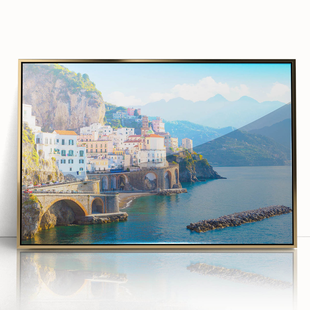 Acrylic print of a Crete, Greece landscape in gold frame, featuring art deco style, ideal for modern art wall decor.