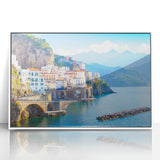 Mid-century modernist art depicting the Crete coastline in soft pastel shades on a white framed acrylic print.