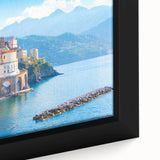 Black wall art depicting a textured scene of Crete, Greece in colorful, vibrant hues on a framed canvas.
