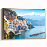 Framed canvas of a vintage-style landscape painting depicting the Crete coastline in muted gold and black tones.