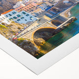 Art deco poster of a Crete, Greece scenery in muted blue and white tones on rolled canvas, suitable for dining room wall art.