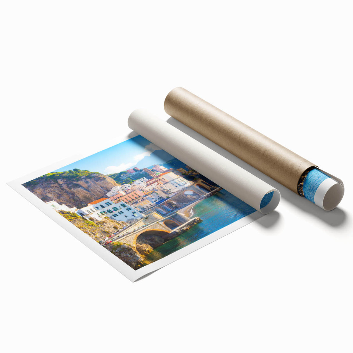 Extra large rolled print of Crete, Greece, featuring vivid blue and white tones, ideal for classy bathroom wall art.