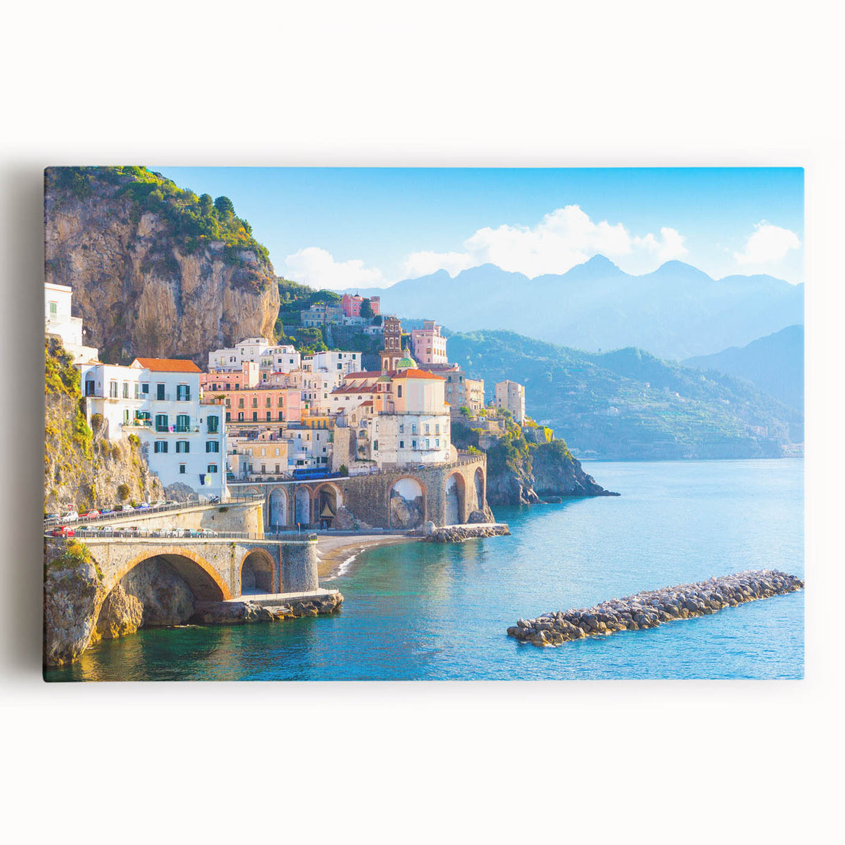 Black and white stretched canvas of Crete scenery, ideal for kitchen wall art or bedroom decor.