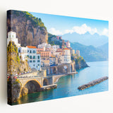 Panoramic view of Crete coastline in muted blues and whites on a stretched canvas, ideal for kitchen wall art.