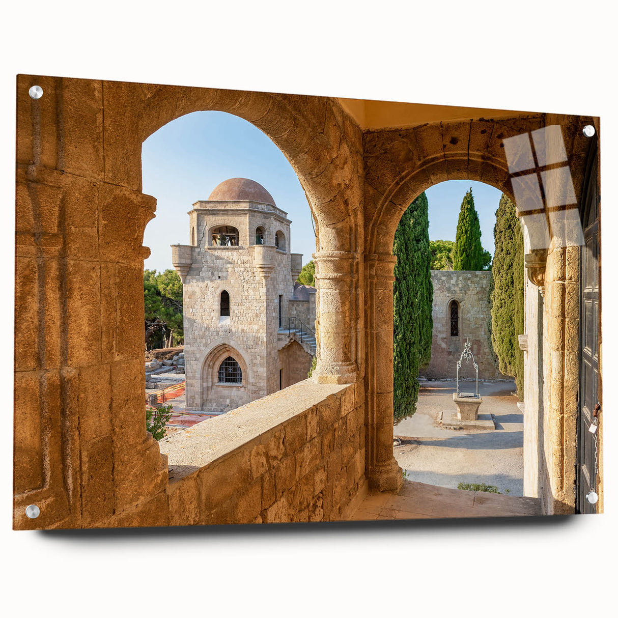 Acrylic print of a European landscape from Rhodes, Greece, featuring muted earth tones.
