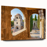 Acrylic print of a large abstract depiction of Rhodes, Greece, in muted blues and whites.