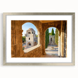 Extra large abstract art print of a European scenery in Rhodes, Greece, with textured details on a silver-framed canvas.