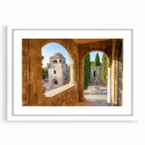 Textured art print of Rhodes, Greece, featuring abstract blue and white hues on a framed white mat, ideal for bedroom art.