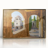 Acrylic print of a European scenery depicting Rhodes, Greece in gold tones, suitable as modern art wall decor.